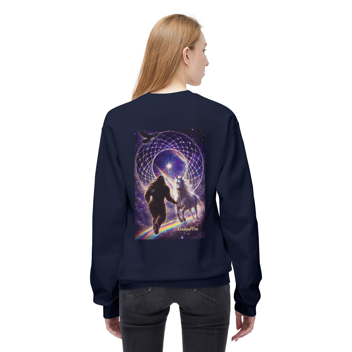 Sasquatch Guardian & White Horse Crewneck — Mystical Aurora Protector Sweatshirt