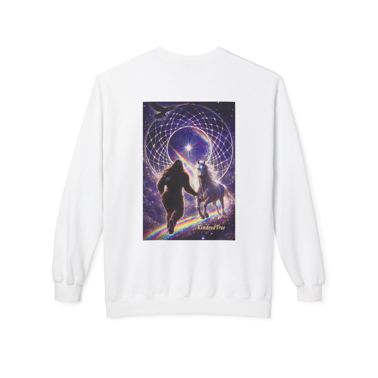 Sasquatch Guardian & White Horse Crewneck — Mystical Aurora Protector Sweatshirt