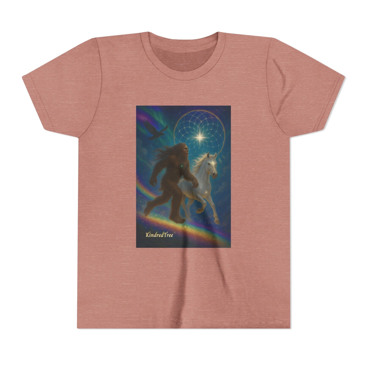 Sasquatch and White Horse  Youth Tee | Mystical Rainbow Night, Non- Mythic Guardian Shirt