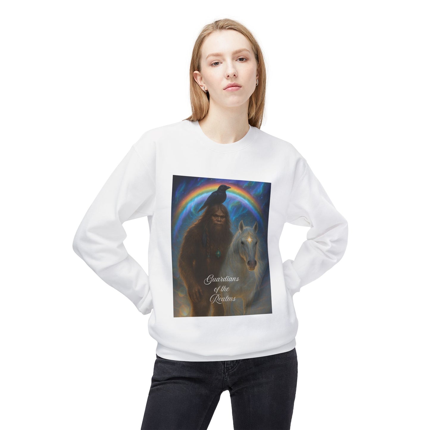 Sasquatch & White Horse with Raven  Crewneck Sweatshirt — Mystical 'Guidelines of the Heart' Graphic