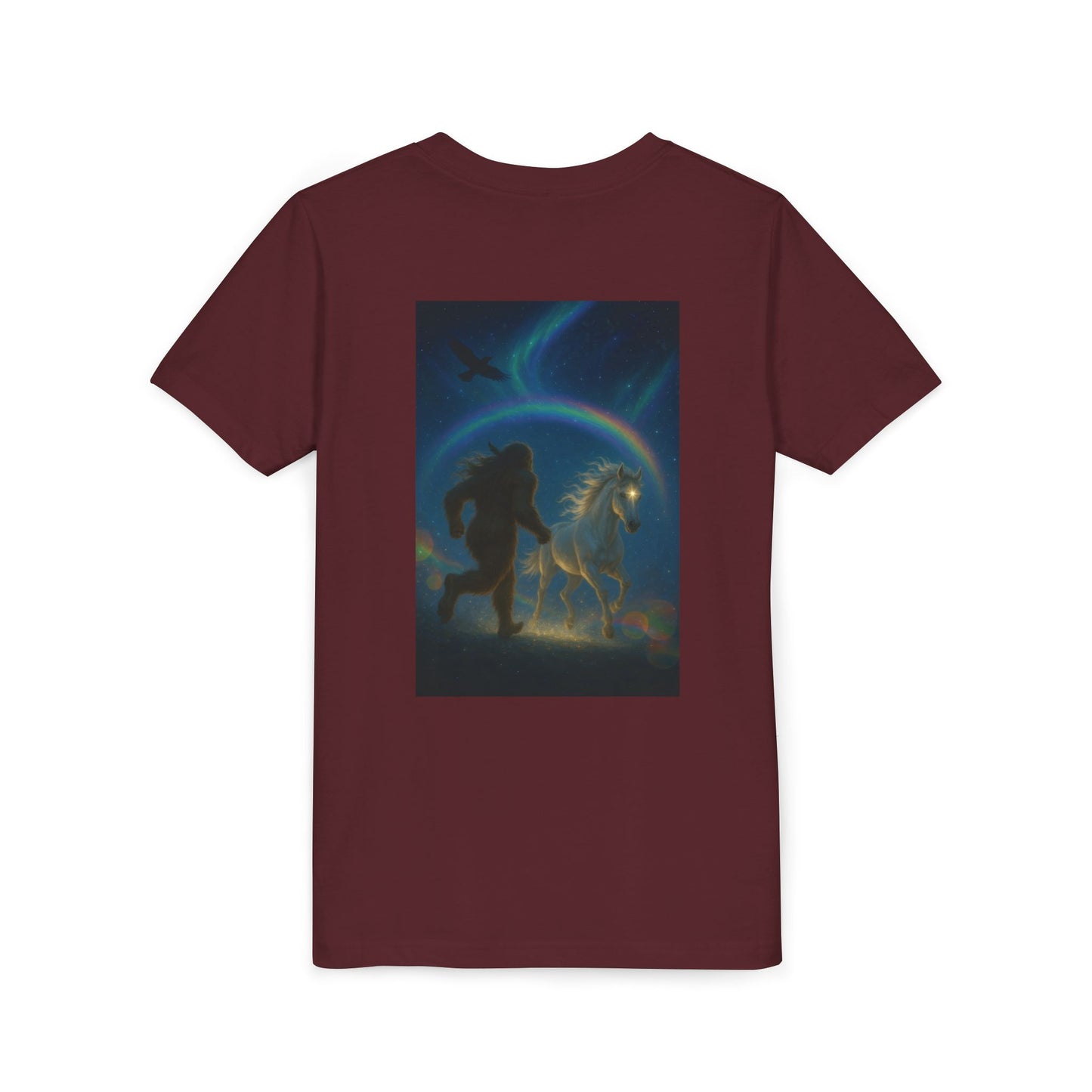 Sasquatch and White Horse  Youth Tee | Mystical Rainbow Night, Non- Mythic Guardian Shirt