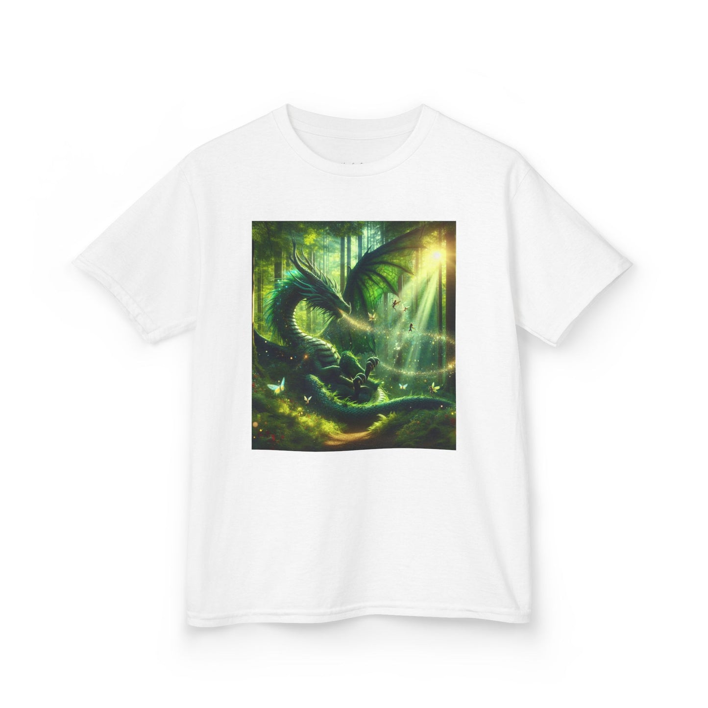 Kids T-Shirt Green Forest Dragon Sunlight and Fairy Lights Design