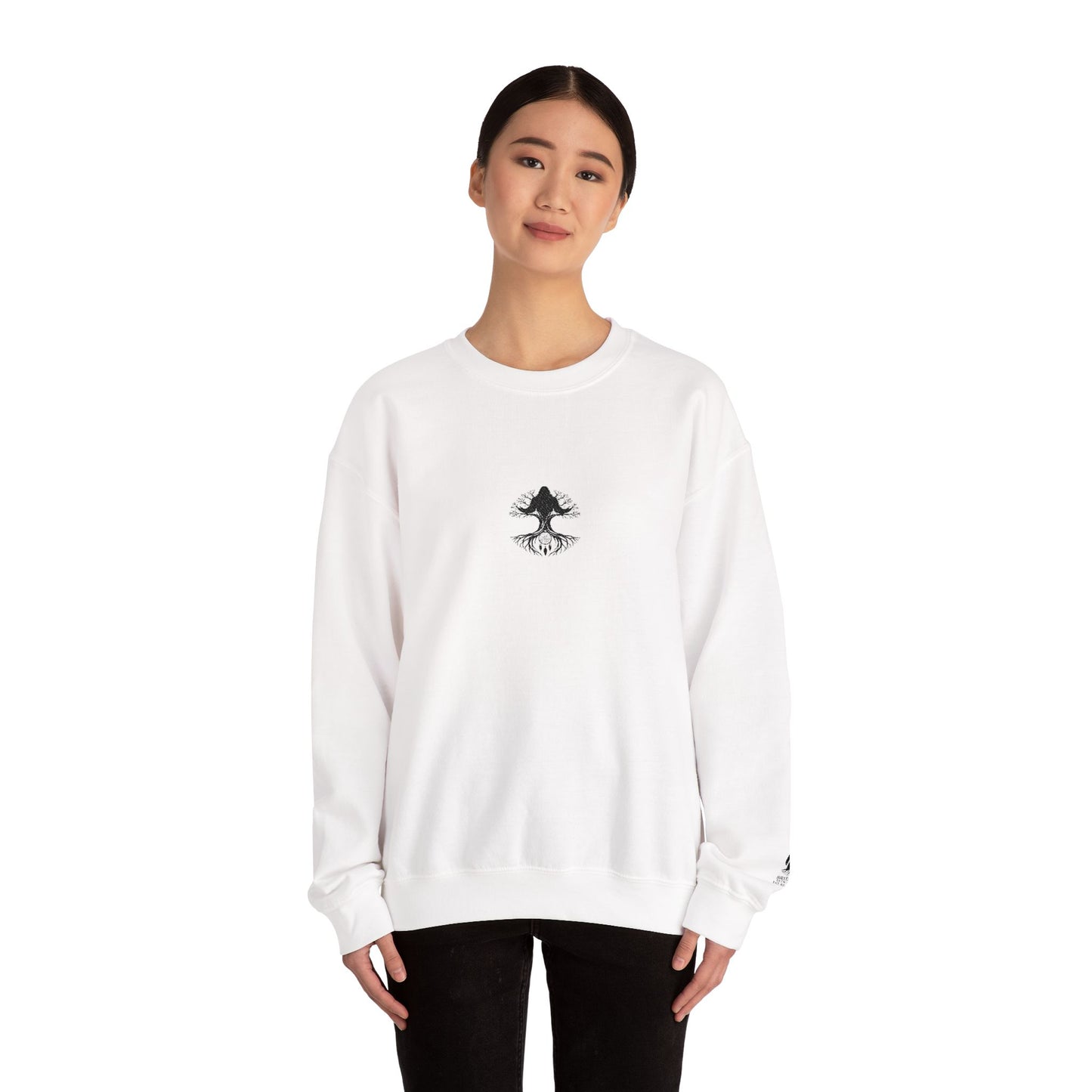 Mystical Tree Crewneck Sweatshirt — Small Center Graphic, Minimalist Nature Design
