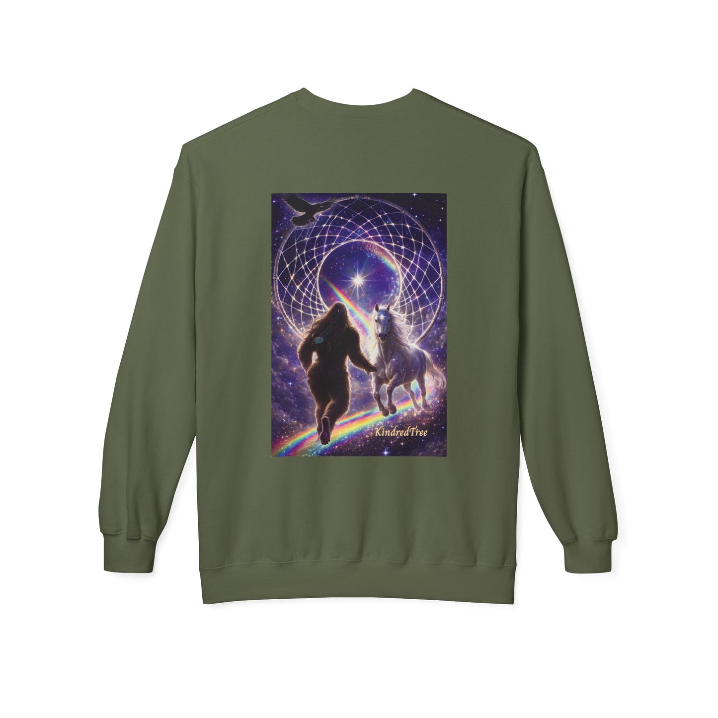 Sasquatch Guardian & White Horse Crewneck — Mystical Aurora Protector Sweatshirt