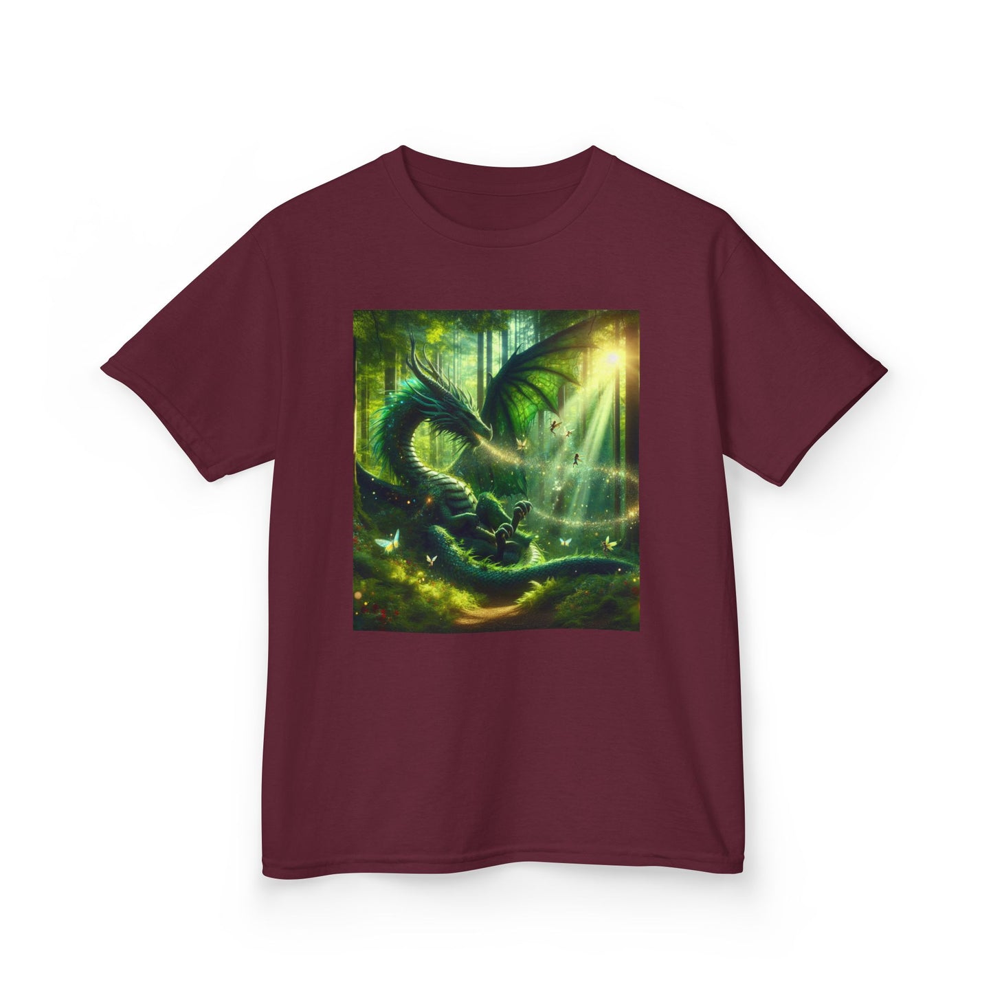 Kids T-Shirt Green Forest Dragon Sunlight and Fairy Lights Design