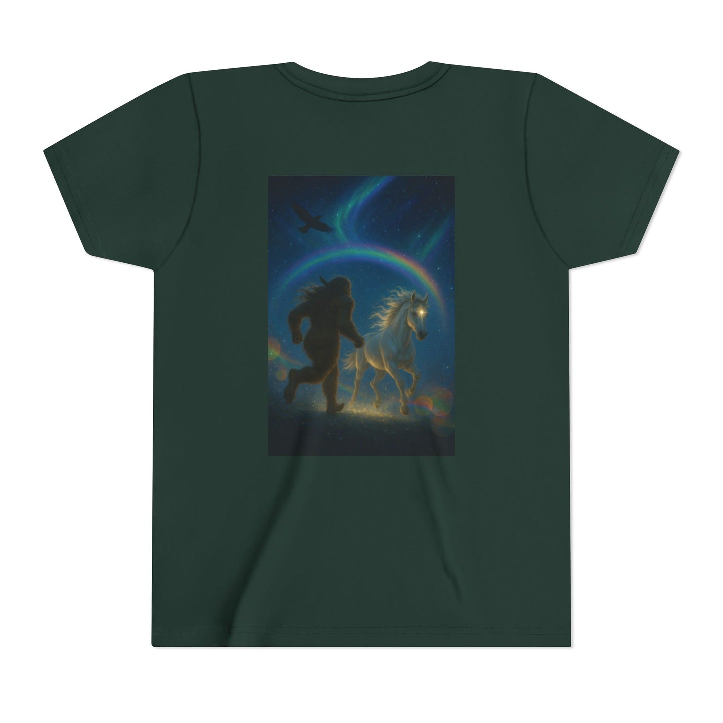Sasquatch and White Horse  Youth Tee | Mystical Rainbow Night, Non- Mythic Guardian Shirt
