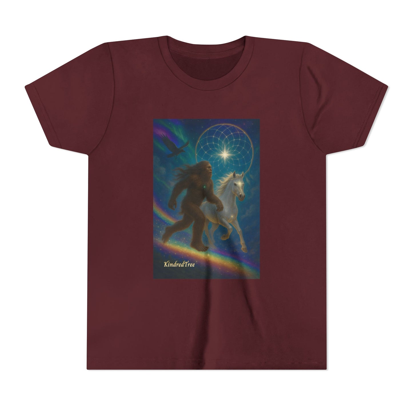 Sasquatch and White Horse  Youth Tee | Mystical Rainbow Night, Non- Mythic Guardian Shirt