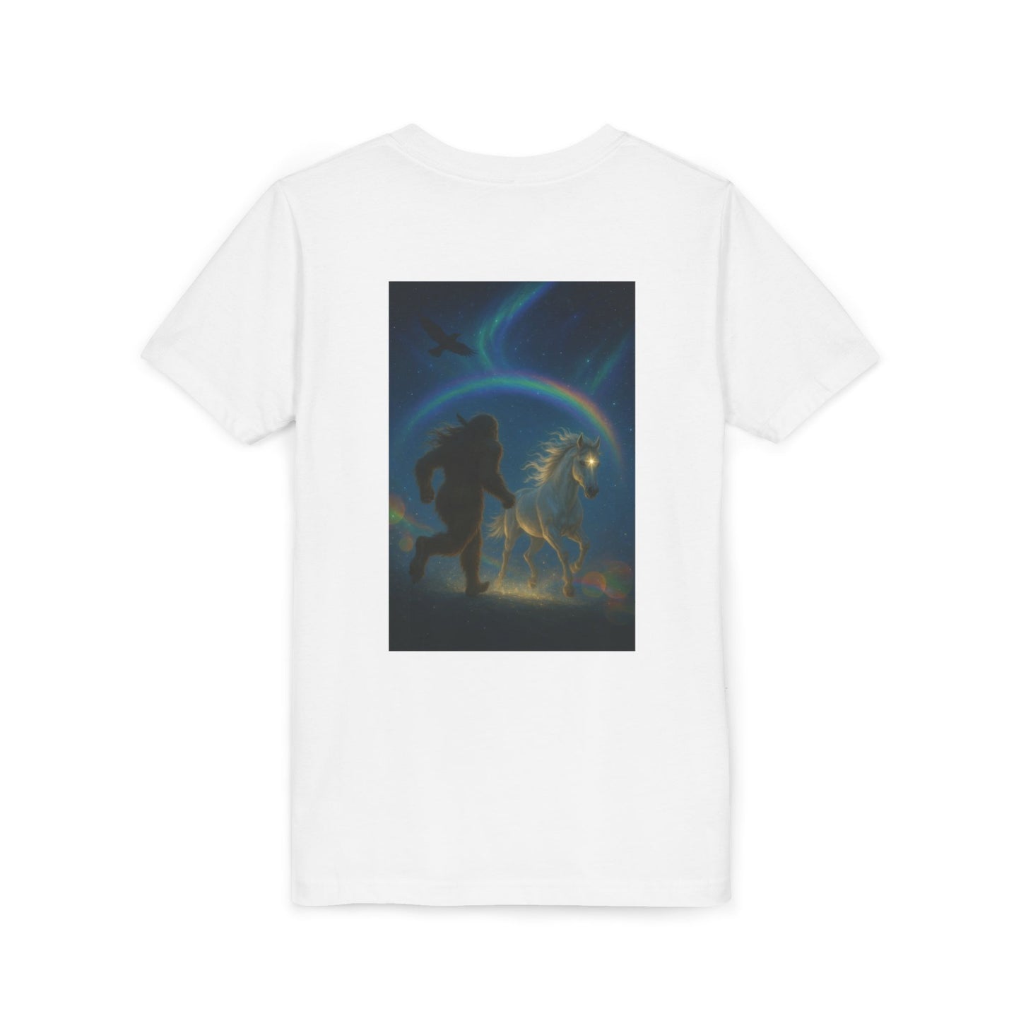 Sasquatch and White Horse  Youth Tee | Mystical Rainbow Night, Non- Mythic Guardian Shirt