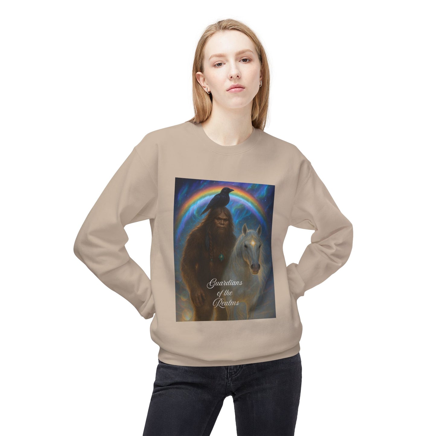 Sasquatch & White Horse with Raven  Crewneck Sweatshirt — Mystical 'Guidelines of the Heart' Graphic