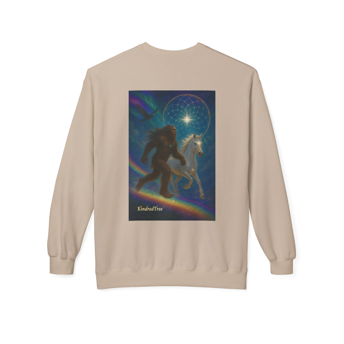 Sasquatch & White Horse with Raven  Crewneck Sweatshirt — Mystical 'Guidelines of the Heart' Graphic