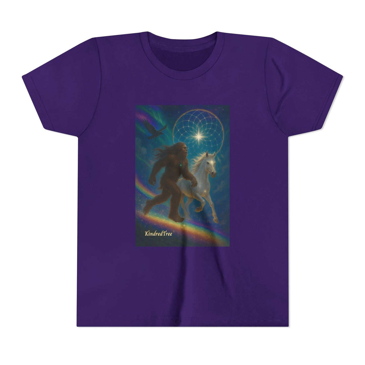 Sasquatch and White Horse  Youth Tee | Mystical Rainbow Night, Non- Mythic Guardian Shirt