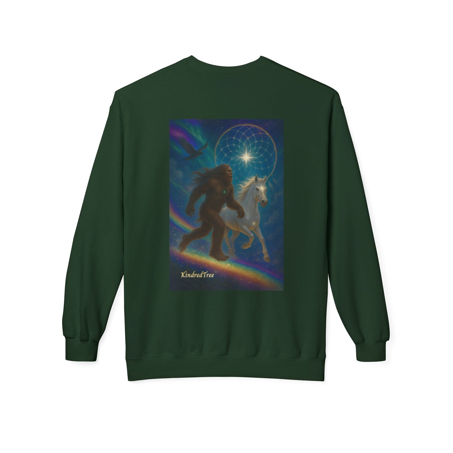 Sasquatch & White Horse with Raven  Crewneck Sweatshirt — Mystical 'Guidelines of the Heart' Graphic