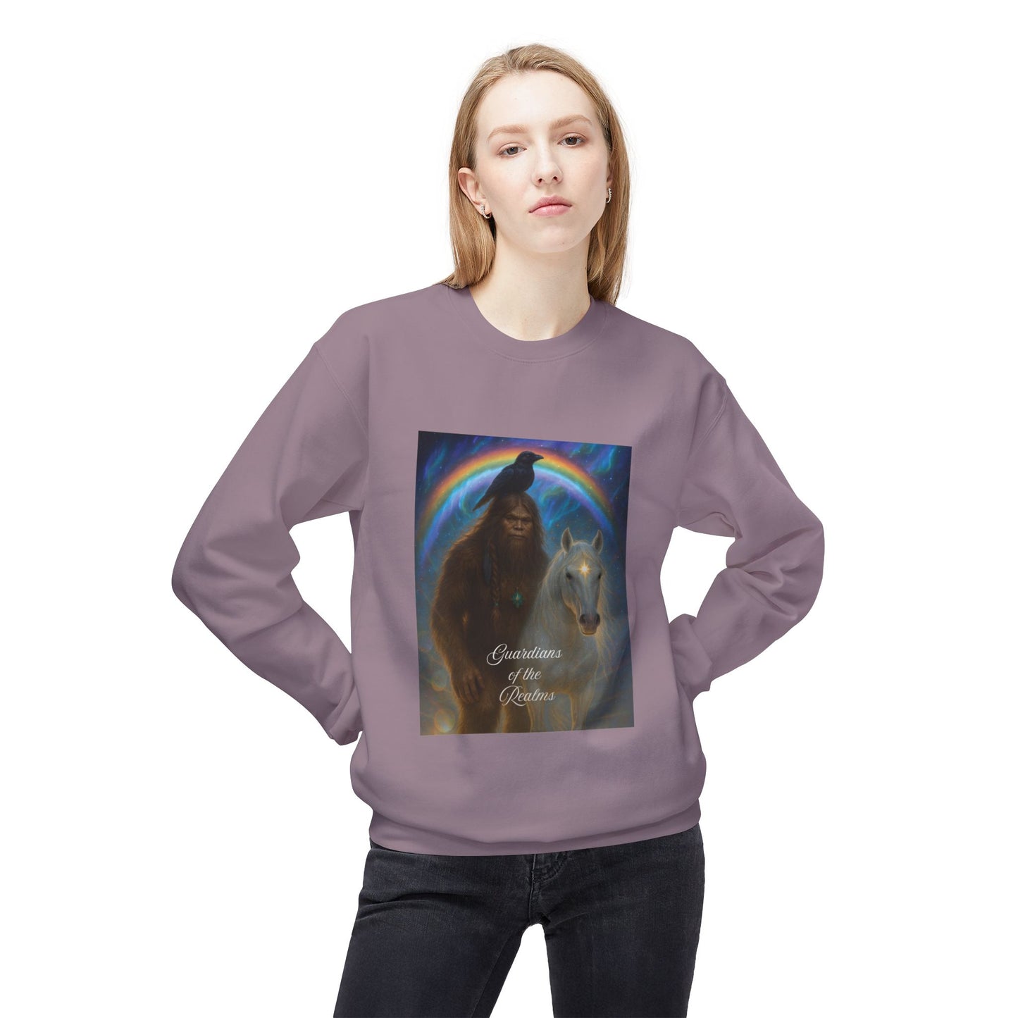 Sasquatch Guardian & White Horse Crewneck — Mystical Aurora Protector Sweatshirt