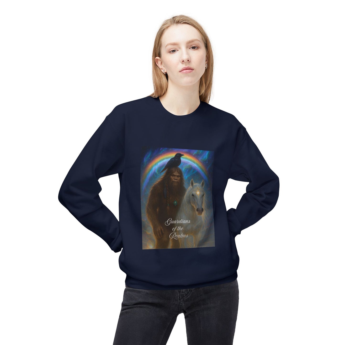 Sasquatch Guardian & White Horse Crewneck — Mystical Aurora Protector Sweatshirt
