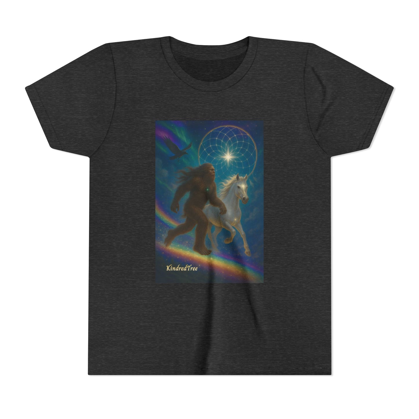Sasquatch and White Horse  Youth Tee | Mystical Rainbow Night, Non- Mythic Guardian Shirt