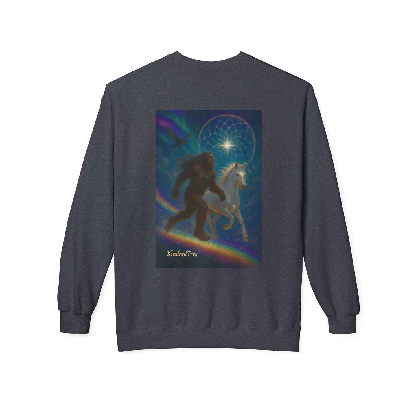 Sasquatch & White Horse with Raven  Crewneck Sweatshirt — Mystical 'Guidelines of the Heart' Graphic