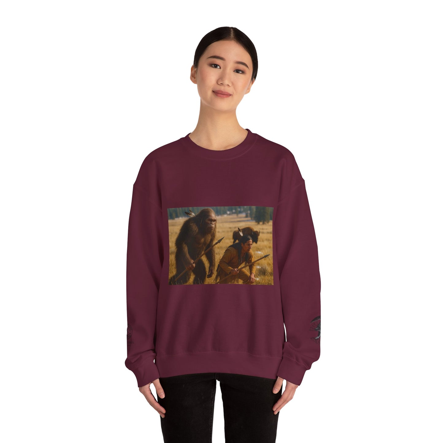 Sasquatch & Native Spear Hunting Bison Sweatshirt