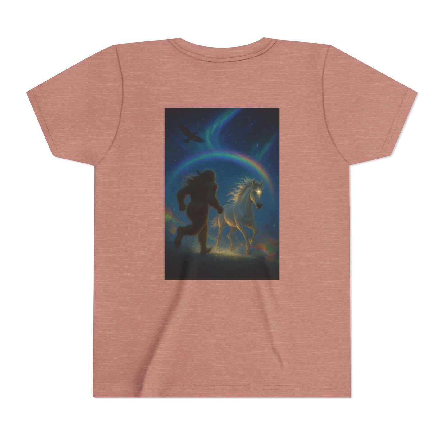 Sasquatch and White Horse  Youth Tee | Mystical Rainbow Night, Non- Mythic Guardian Shirt