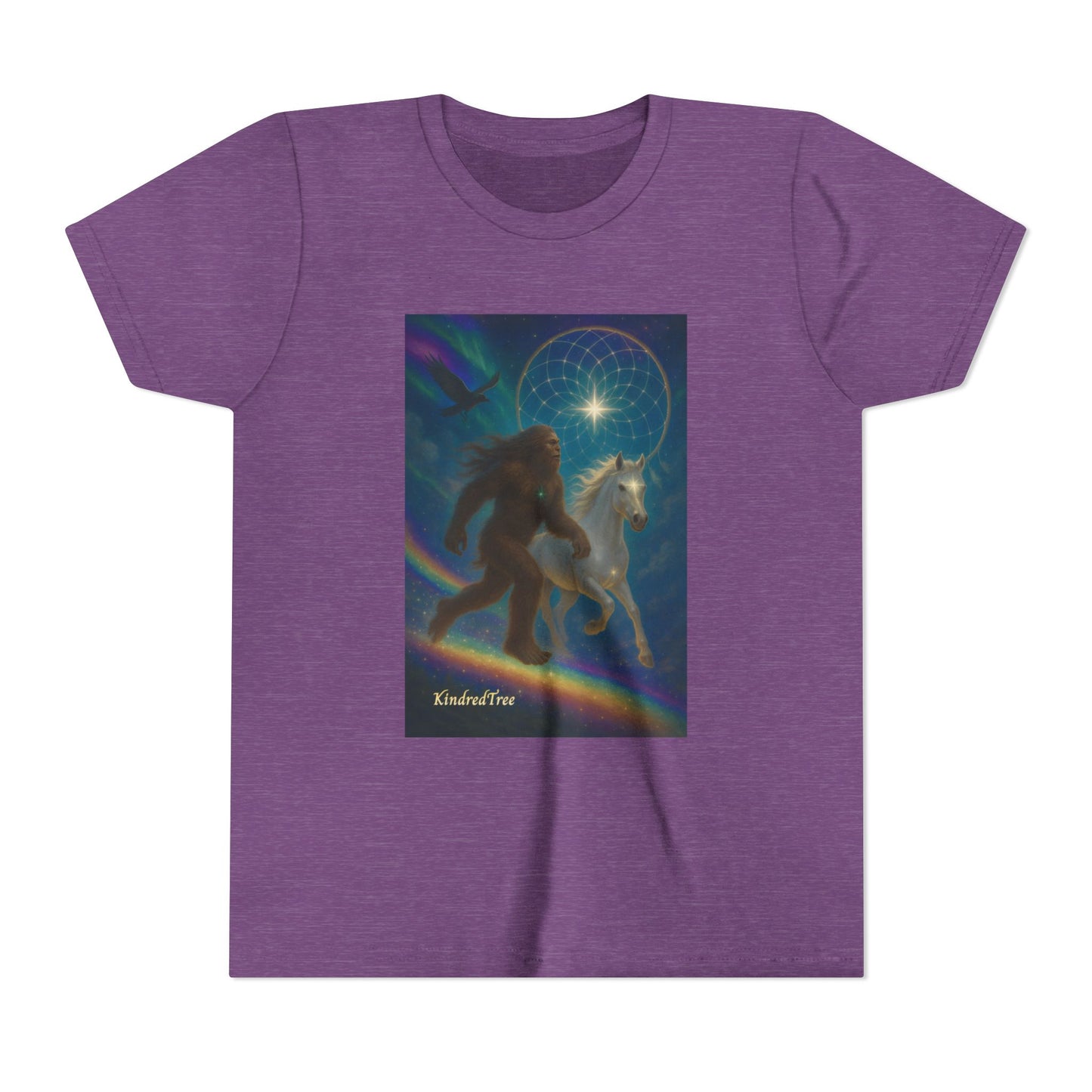 Sasquatch and White Horse  Youth Tee | Mystical Rainbow Night, Non- Mythic Guardian Shirt