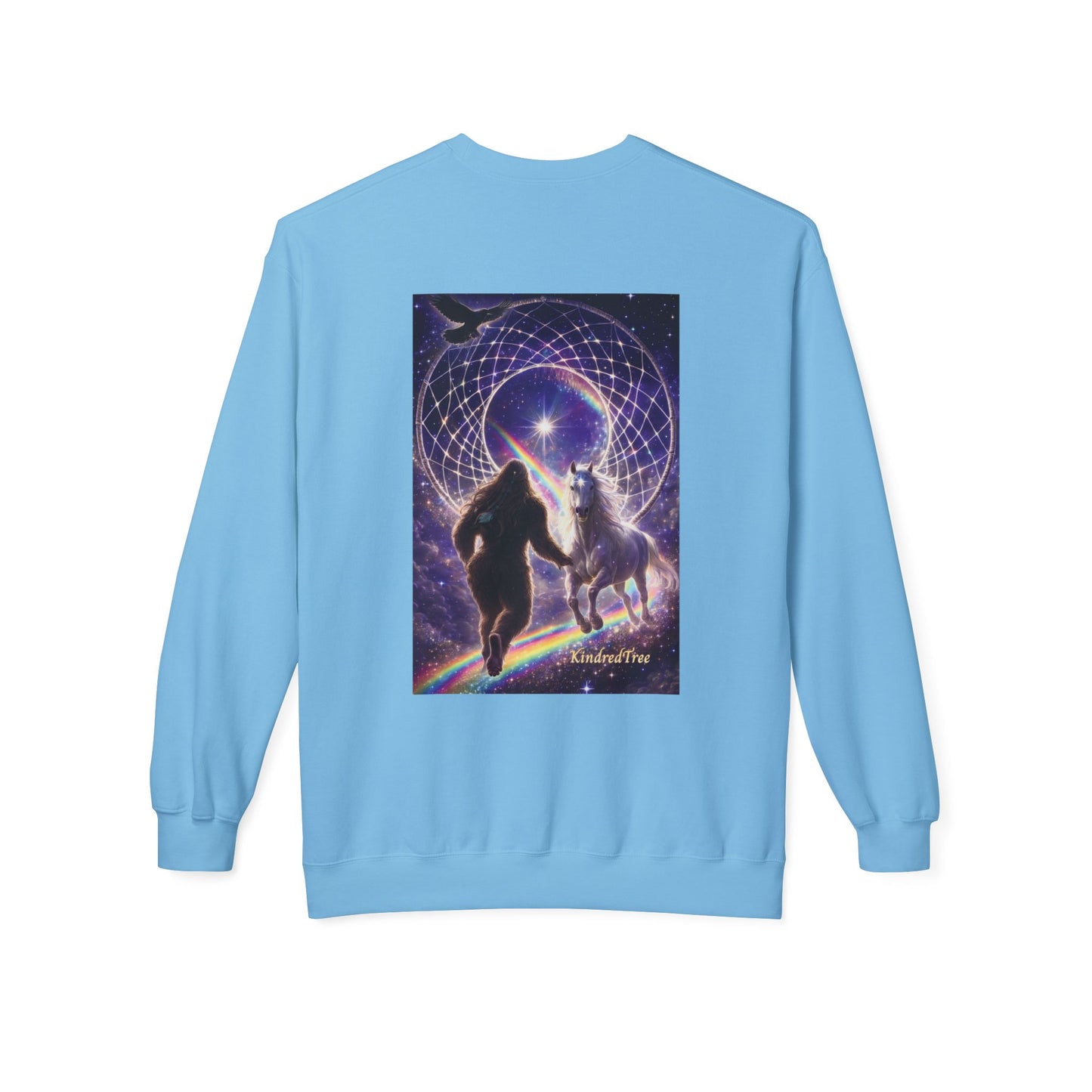 Sasquatch Guardian & White Horse Crewneck — Mystical Aurora Protector Sweatshirt