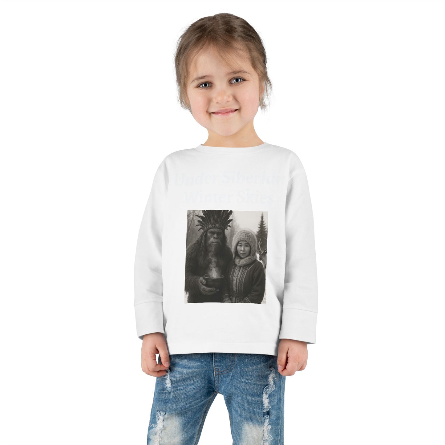 Toddler Long Sleeve Tee - Sasquatch Shaman and Native Siberian Women in Snow Design