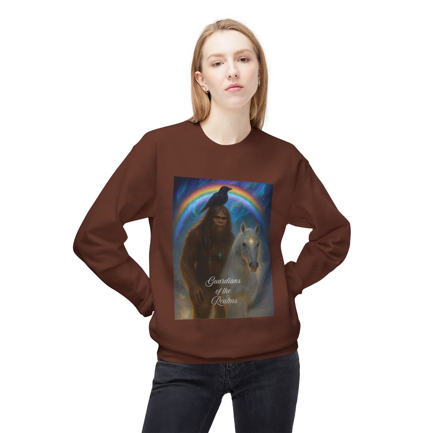 Sasquatch & White Horse with Raven  Crewneck Sweatshirt — Mystical 'Guidelines of the Heart' Graphic