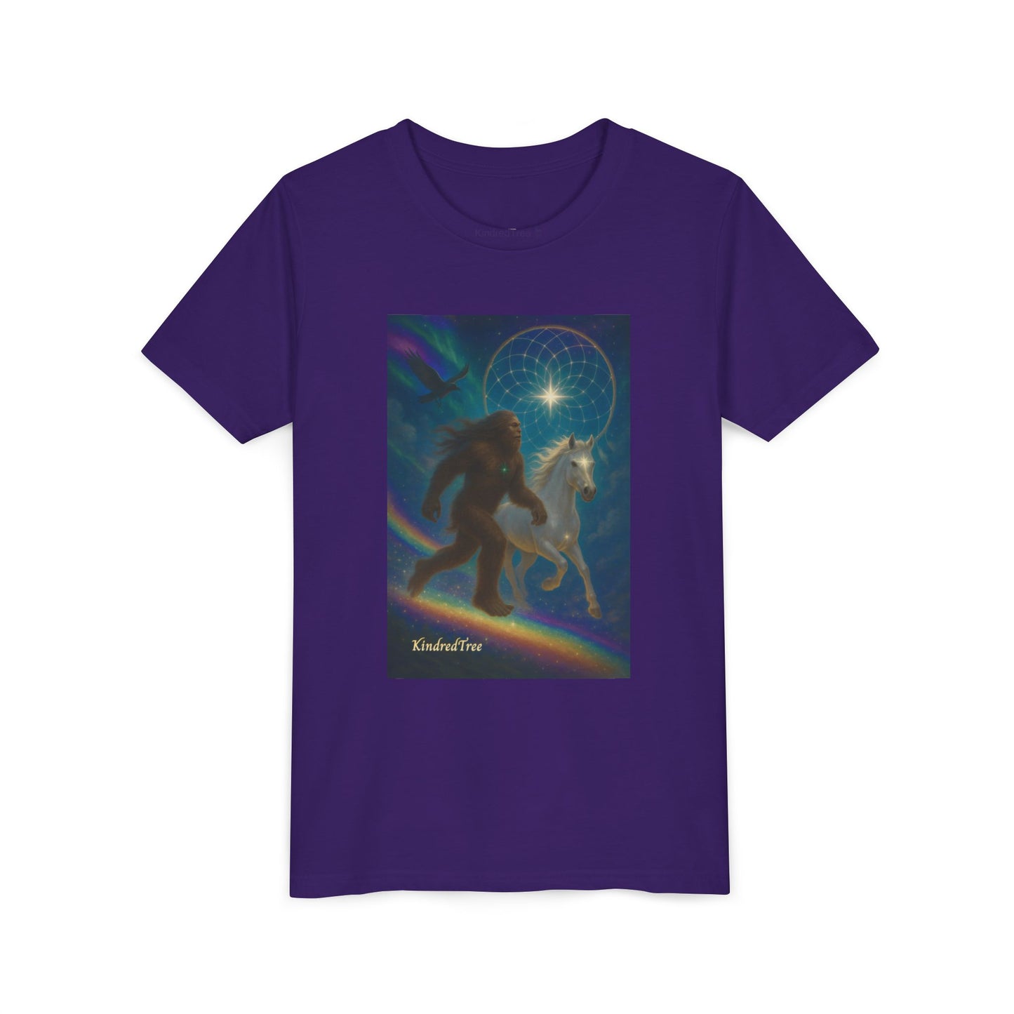 Sasquatch and White Horse  Youth Tee | Mystical Rainbow Night, Non- Mythic Guardian Shirt