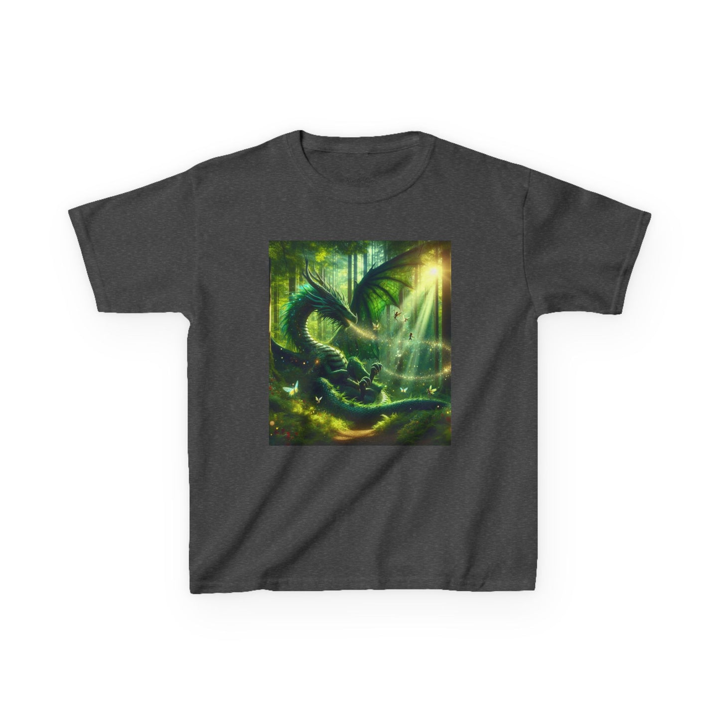 Kids T-Shirt Green Forest Dragon Sunlight and Fairy Lights Design