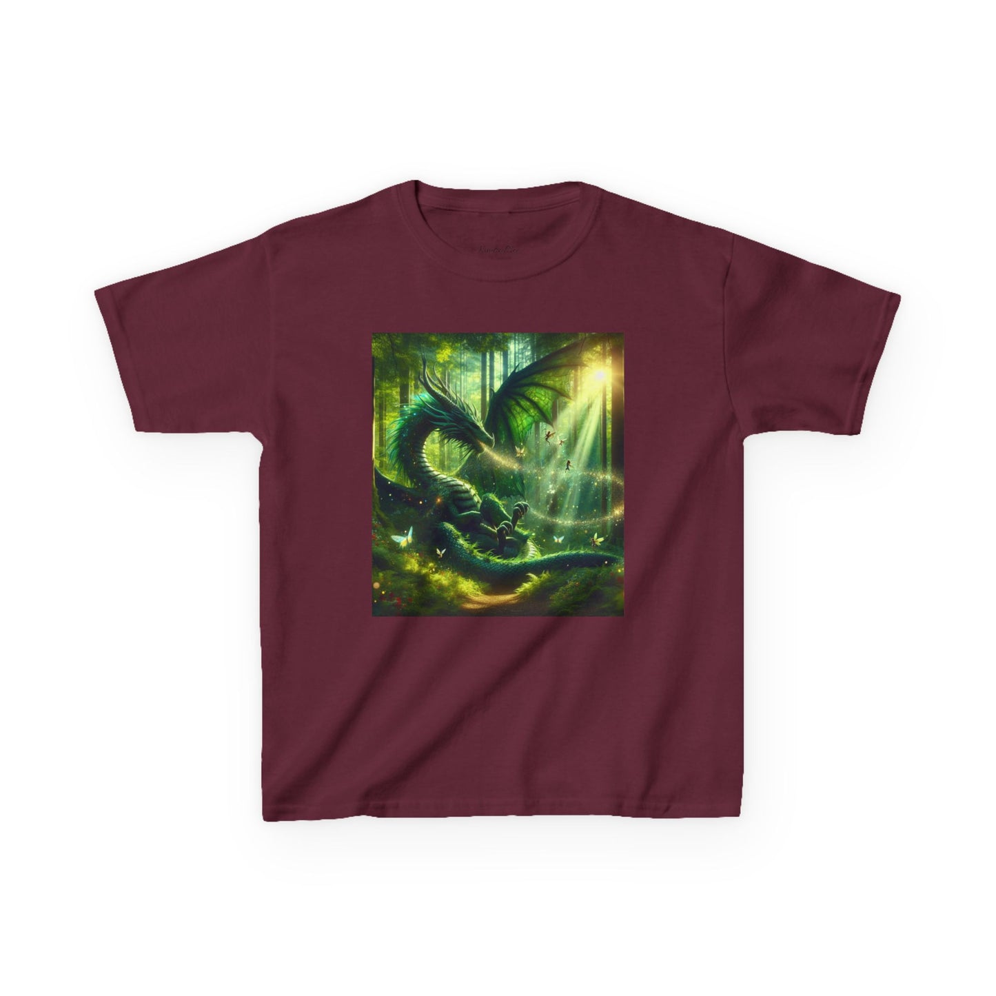 Kids T-Shirt Green Forest Dragon Sunlight and Fairy Lights Design