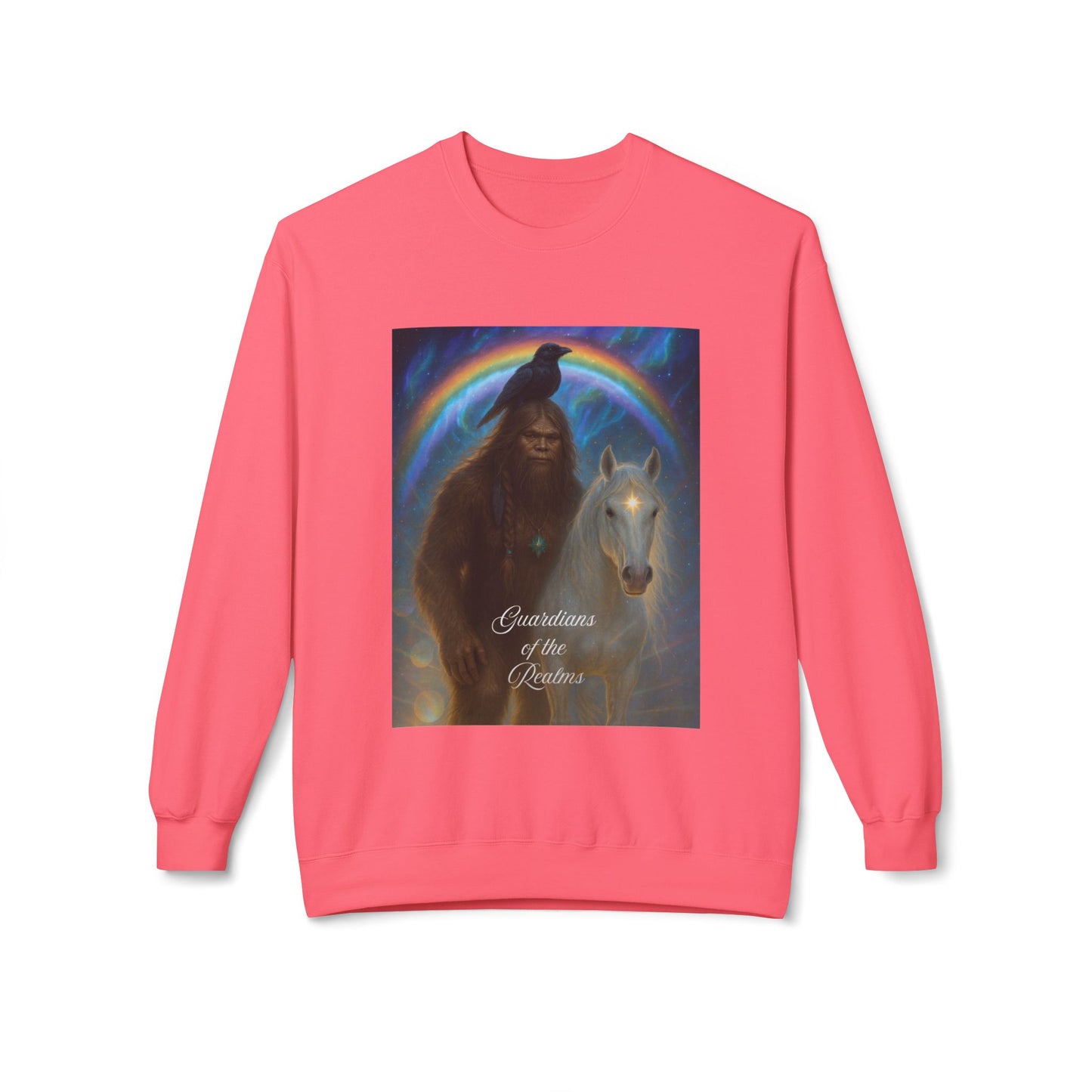 Sasquatch & White Horse with Raven  Crewneck Sweatshirt — Mystical 'Guidelines of the Heart' Graphic