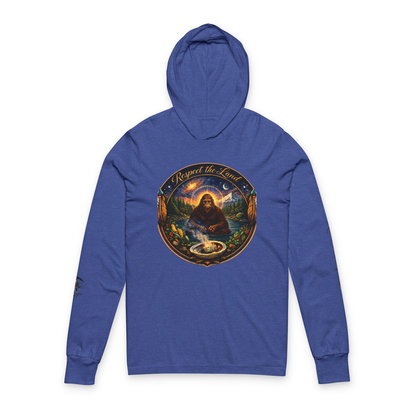 Respect the Land, Sacred Sasquatch Guardian Emblem Hooded Long Sleeve Tee