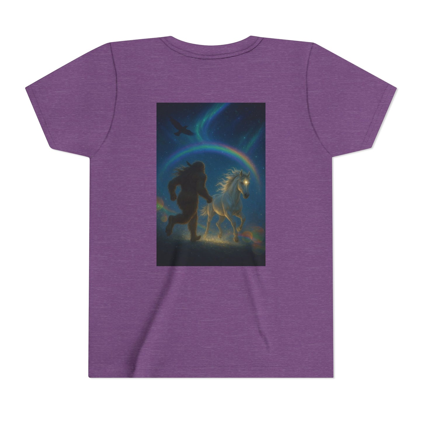 Sasquatch and White Horse  Youth Tee | Mystical Rainbow Night, Non- Mythic Guardian Shirt
