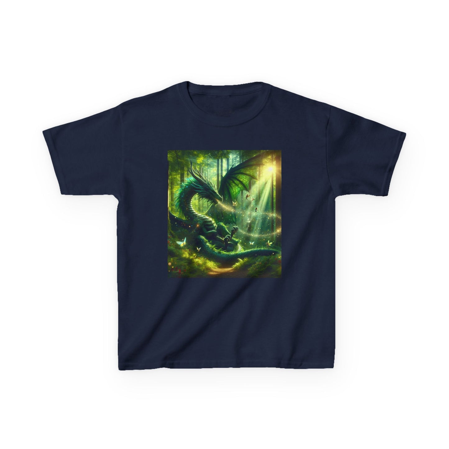 Kids T-Shirt Green Forest Dragon Sunlight and Fairy Lights Design