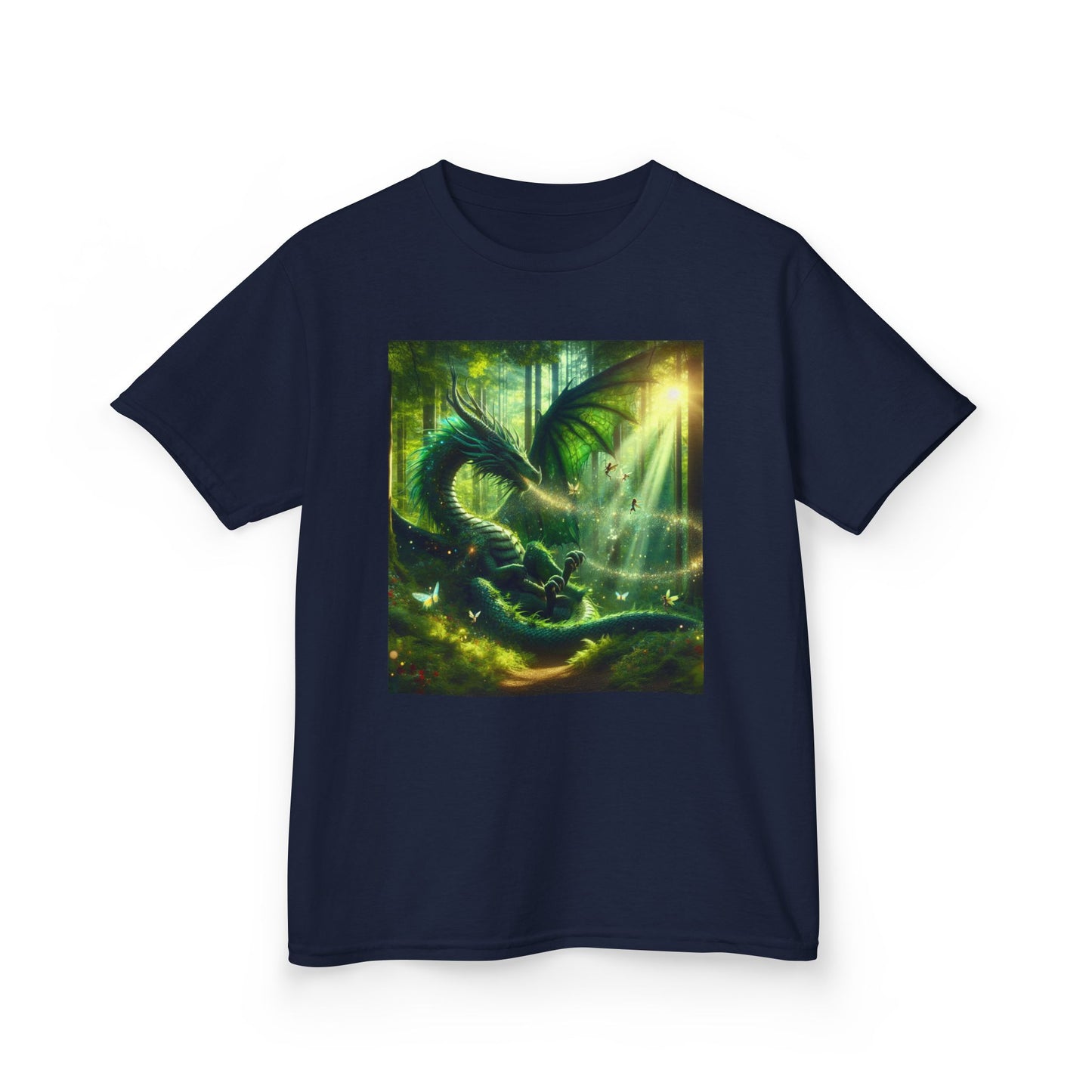 Kids T-Shirt Green Forest Dragon Sunlight and Fairy Lights Design
