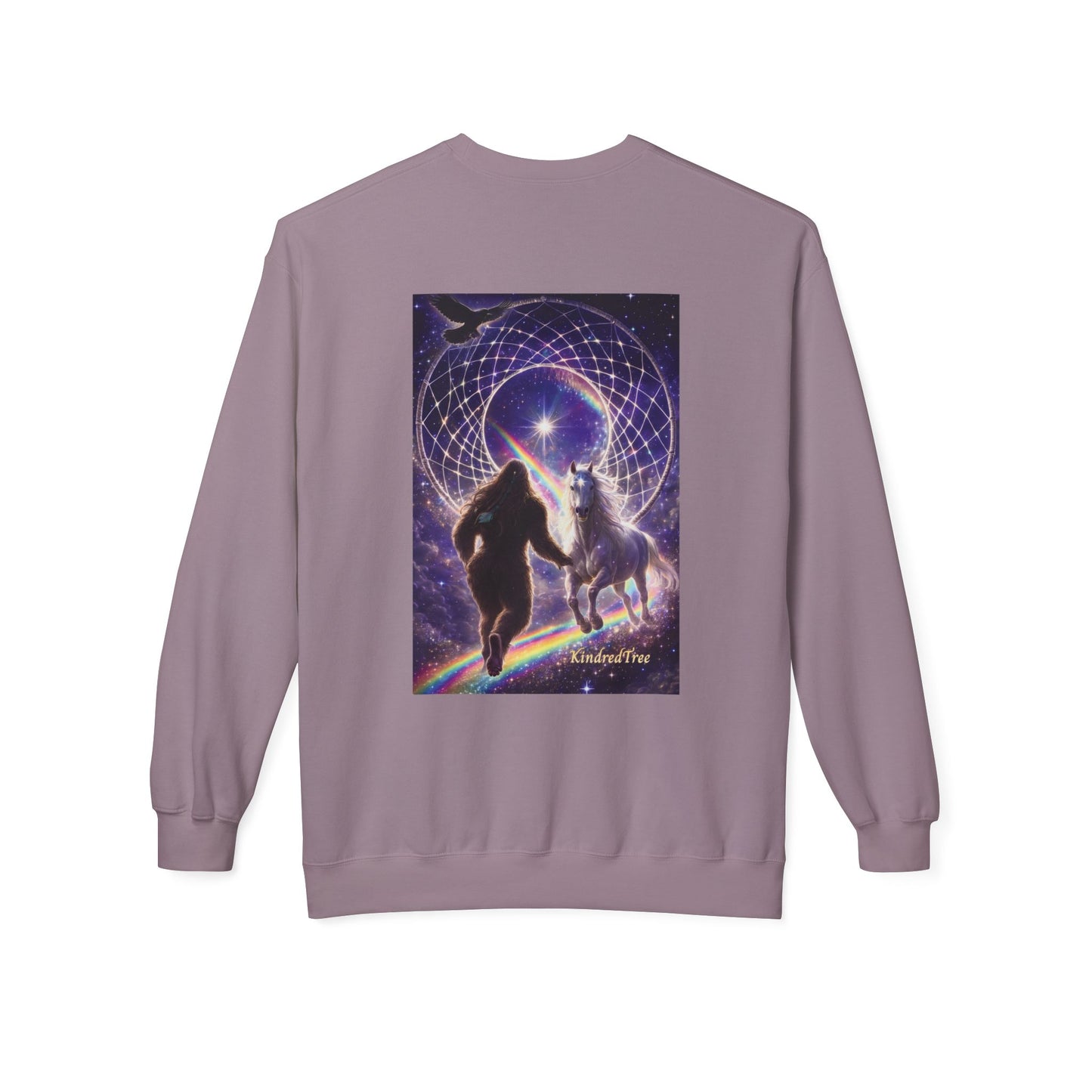 Sasquatch Guardian & White Horse Crewneck — Mystical Aurora Protector Sweatshirt
