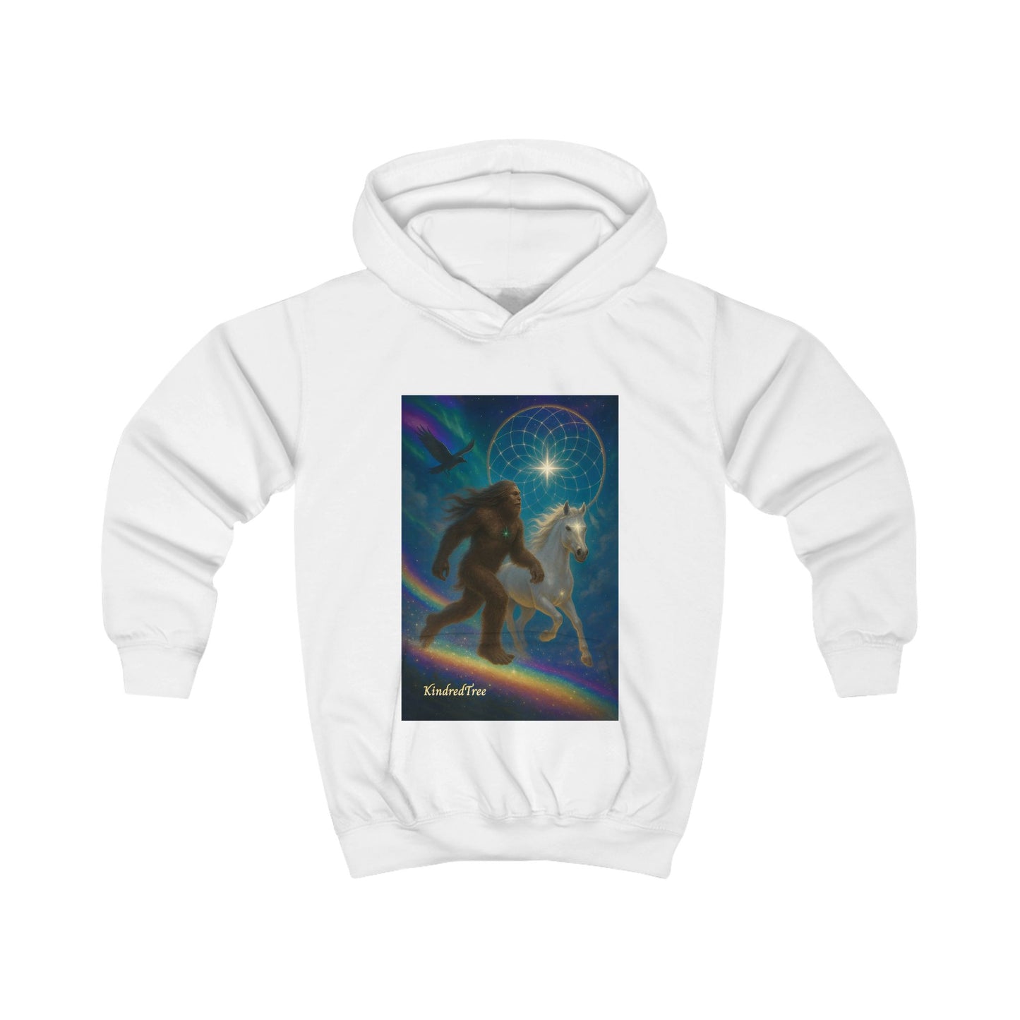 Kids Hoodie — Mystical Sasquatch & Unicorn Rainbow Graphic Hoodie for Children