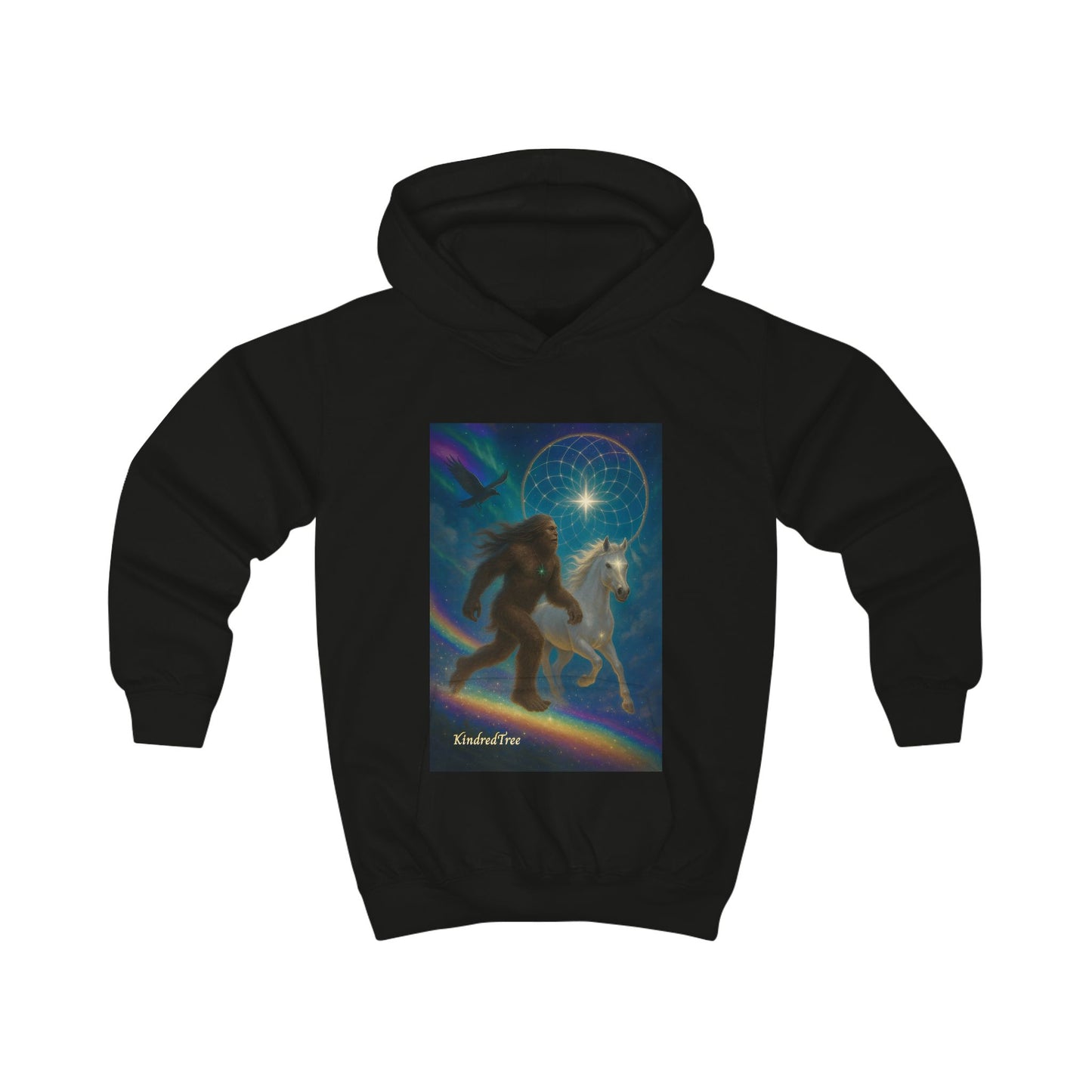 Kids Hoodie — Mystical Sasquatch & Unicorn Rainbow Graphic Hoodie for Children