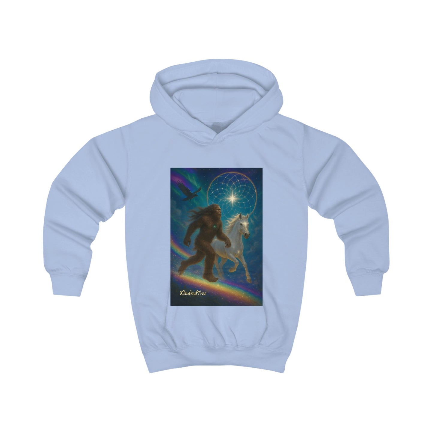 Kids Hoodie — Mystical Sasquatch & Unicorn Rainbow Graphic Hoodie for Children