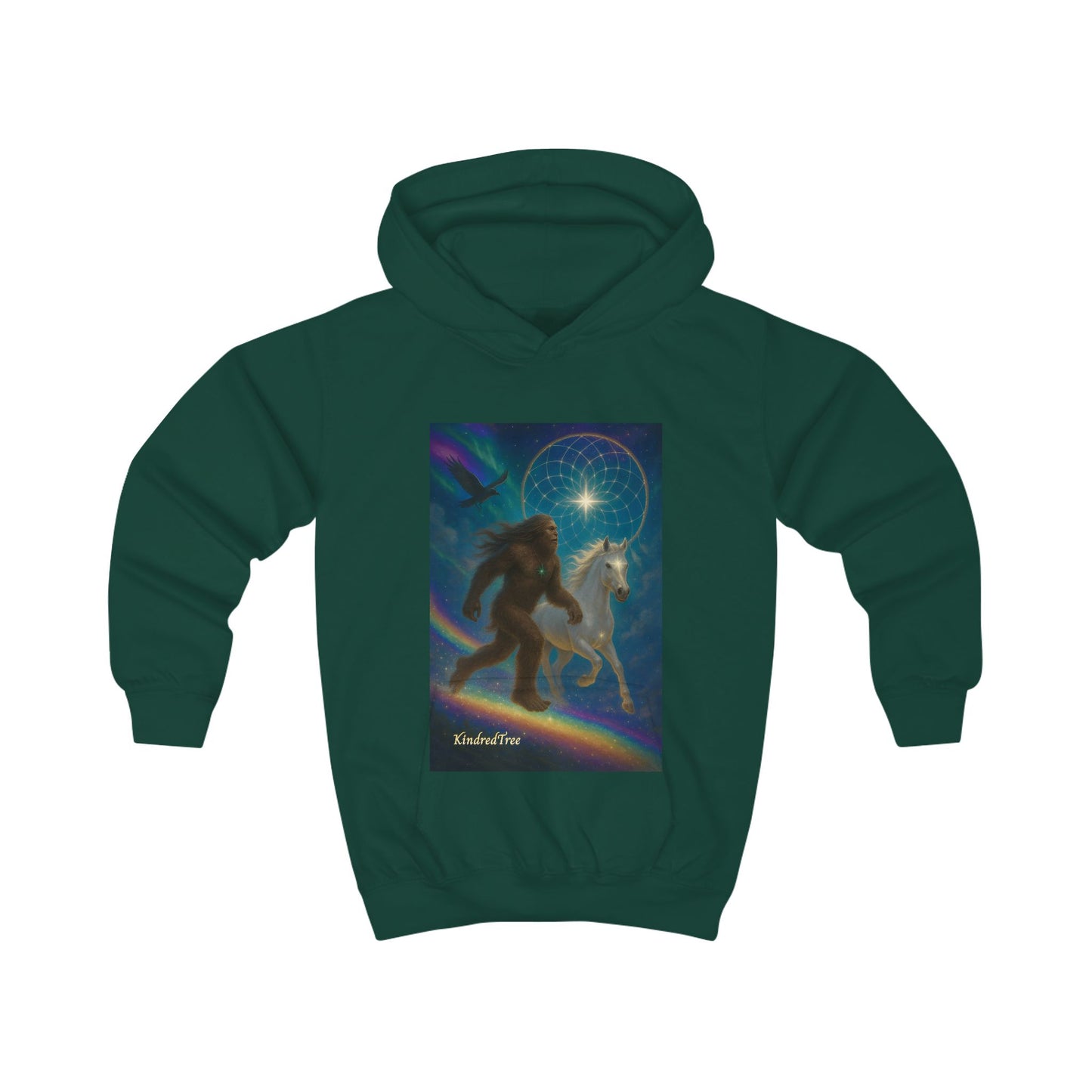 Kids Hoodie — Mystical Sasquatch & Unicorn Rainbow Graphic Hoodie for Children