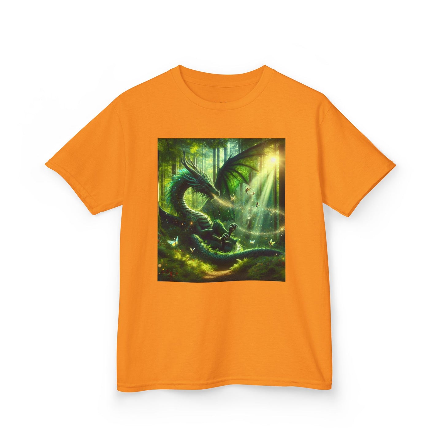 Kids T-Shirt Green Forest Dragon Sunlight and Fairy Lights Design