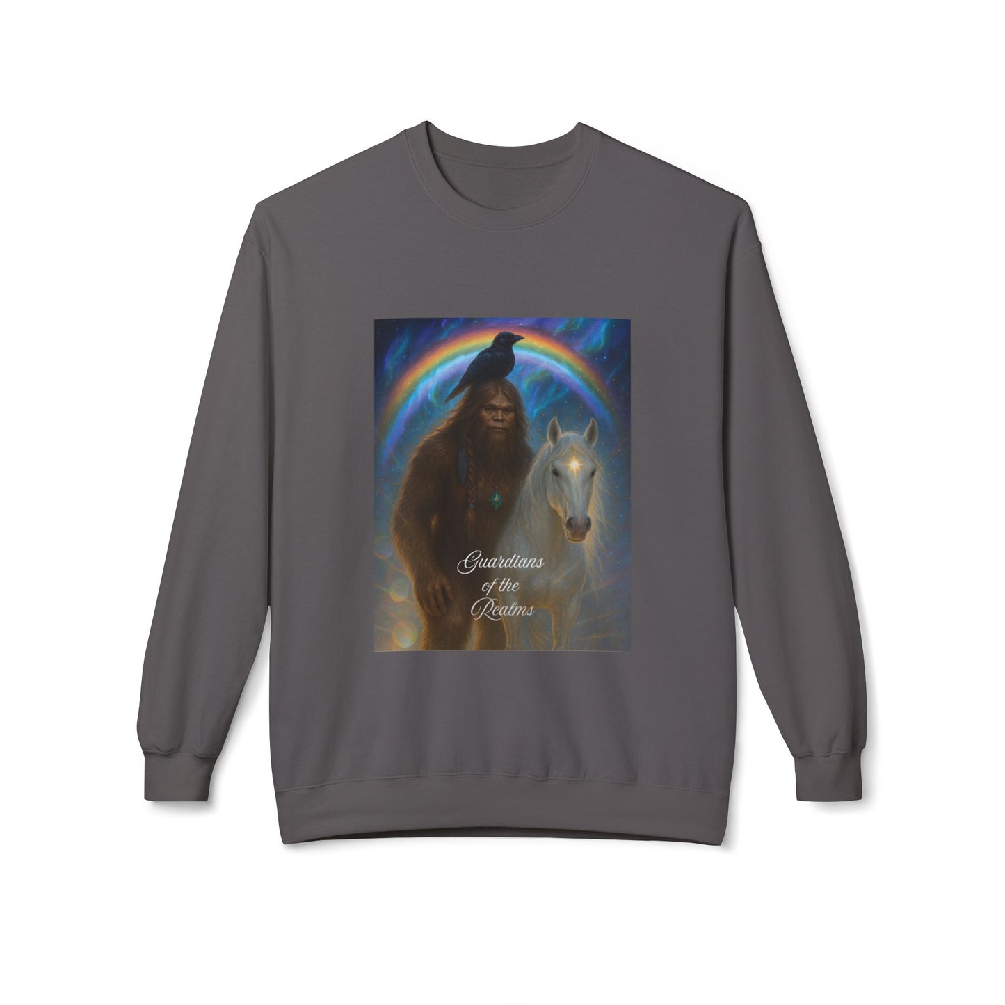 Sasquatch Guardian & White Horse Crewneck — Mystical Aurora Protector Sweatshirt