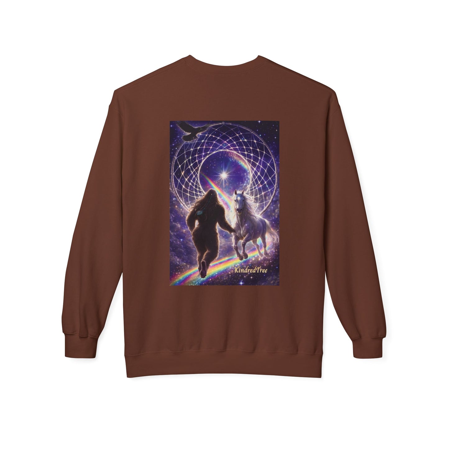 Sasquatch Guardian & White Horse Crewneck — Mystical Aurora Protector Sweatshirt