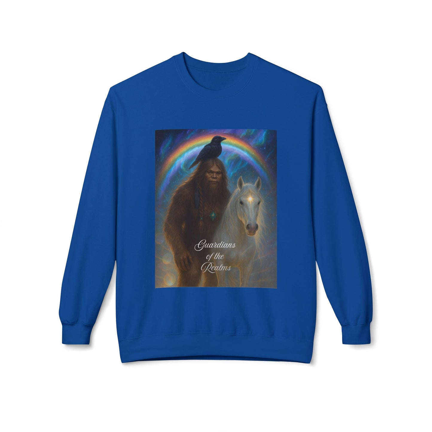 Sasquatch & White Horse with Raven  Crewneck Sweatshirt — Mystical 'Guidelines of the Heart' Graphic