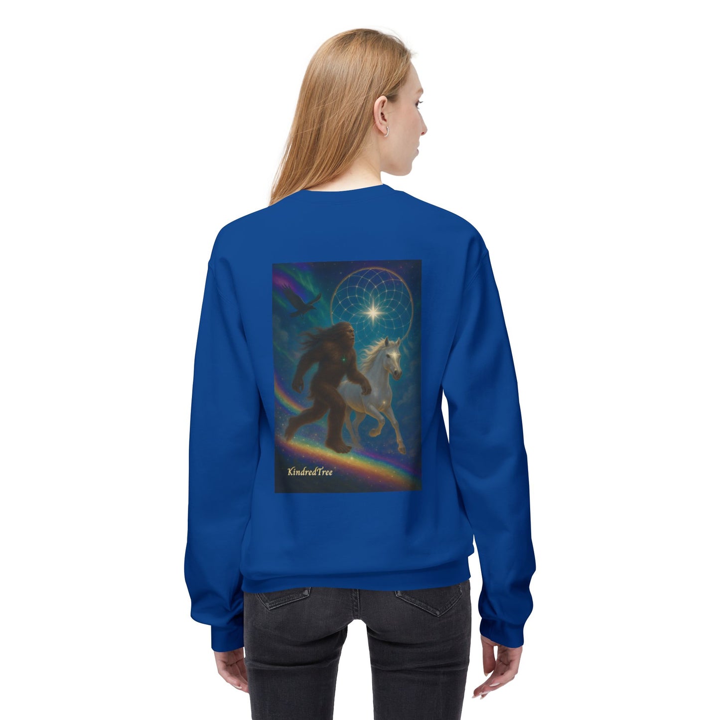 Sasquatch & White Horse with Raven  Crewneck Sweatshirt — Mystical 'Guidelines of the Heart' Graphic