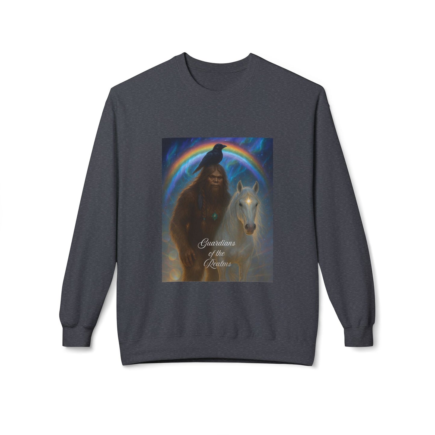 Sasquatch Guardian & White Horse Crewneck — Mystical Aurora Protector Sweatshirt