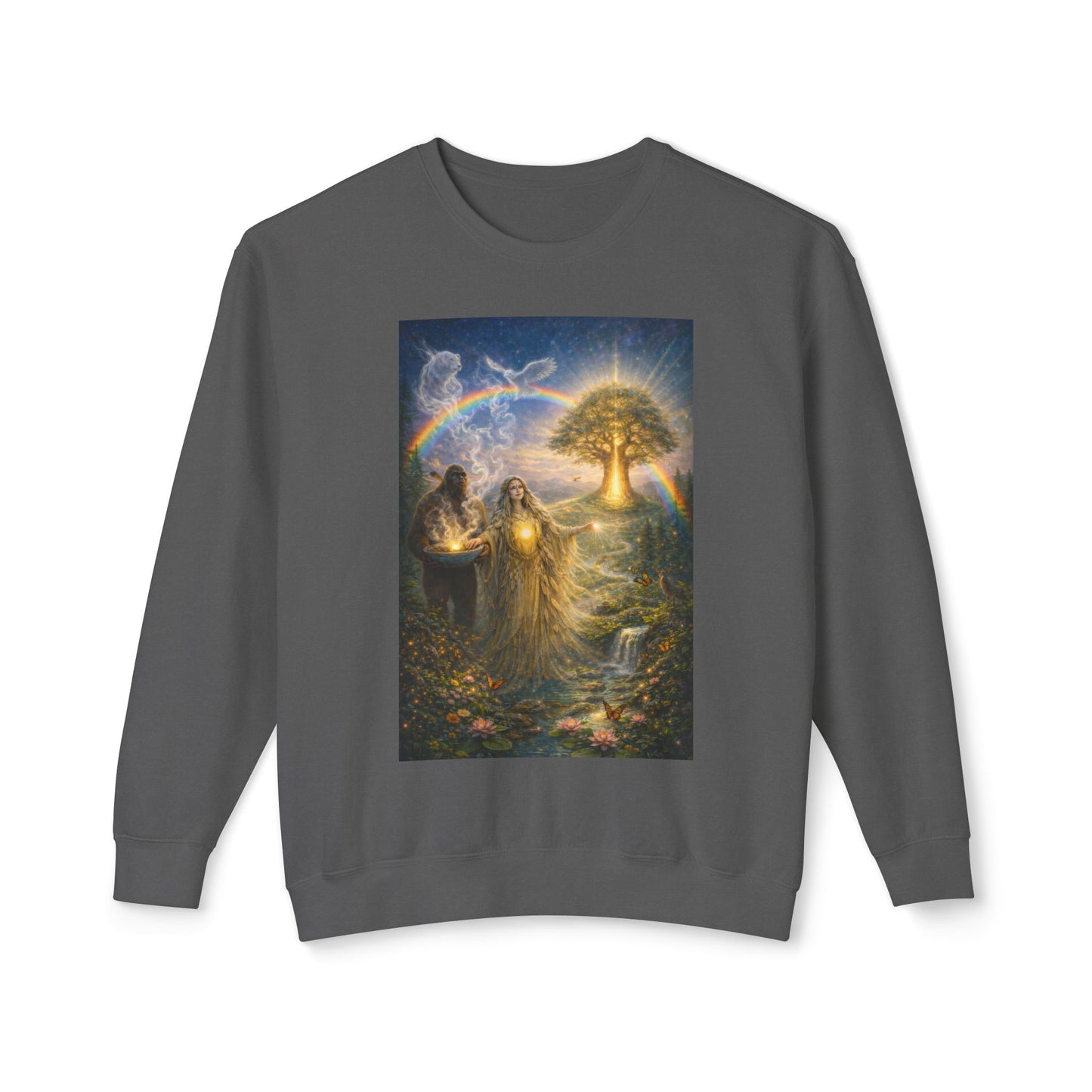 Mother Earth & Sasquatch Guardian Sweatshirt — Heart of the Earth Spiritual Harmony Crewneck