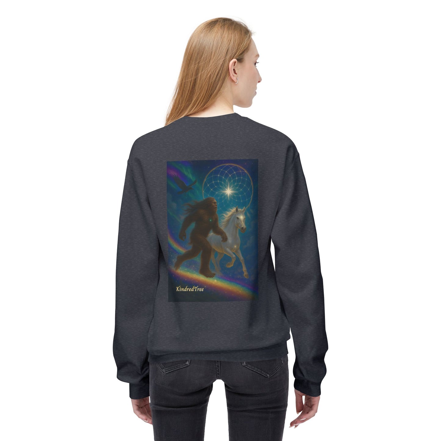 Sasquatch & White Horse with Raven  Crewneck Sweatshirt — Mystical 'Guidelines of the Heart' Graphic