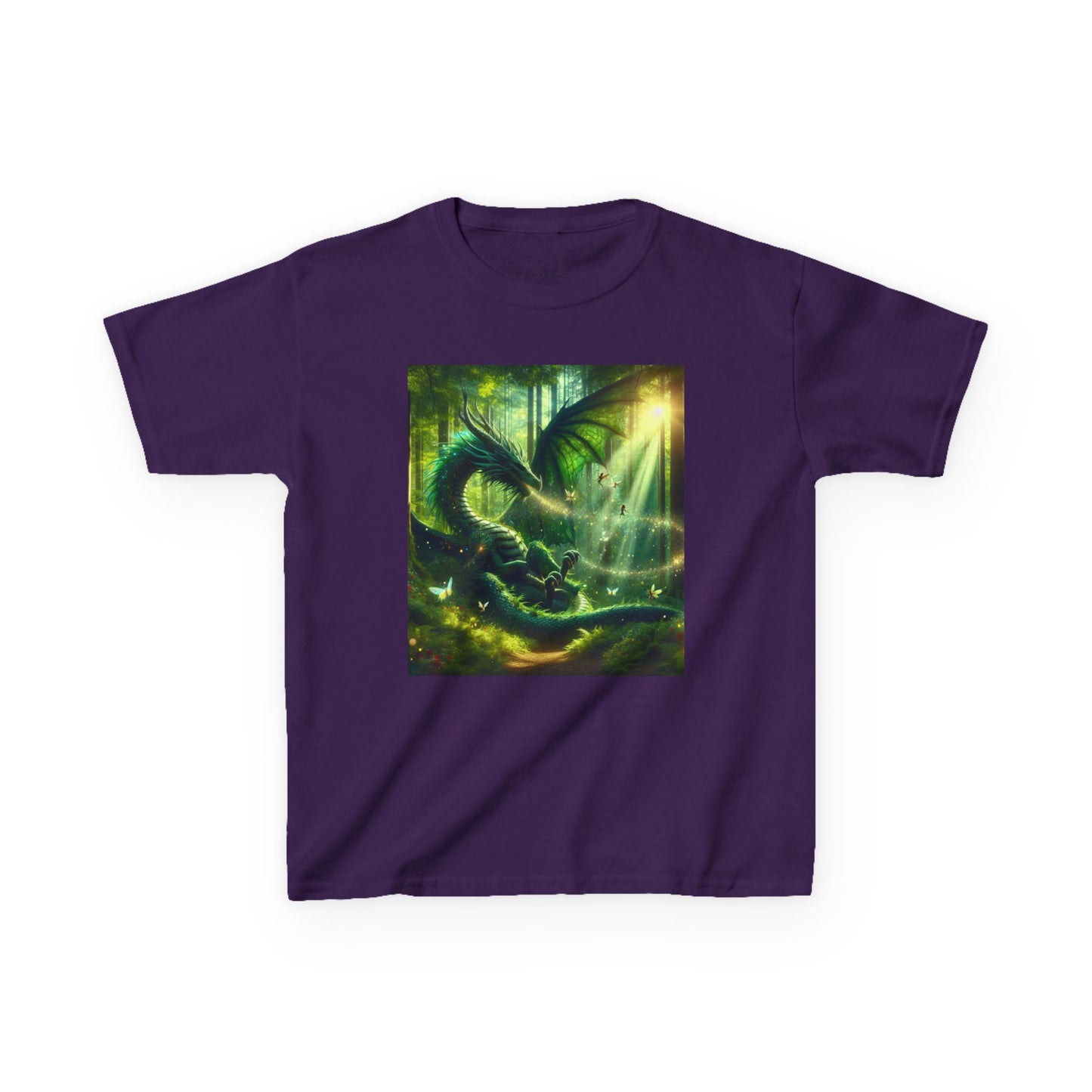 Kids T-Shirt Green Forest Dragon Sunlight and Fairy Lights Design