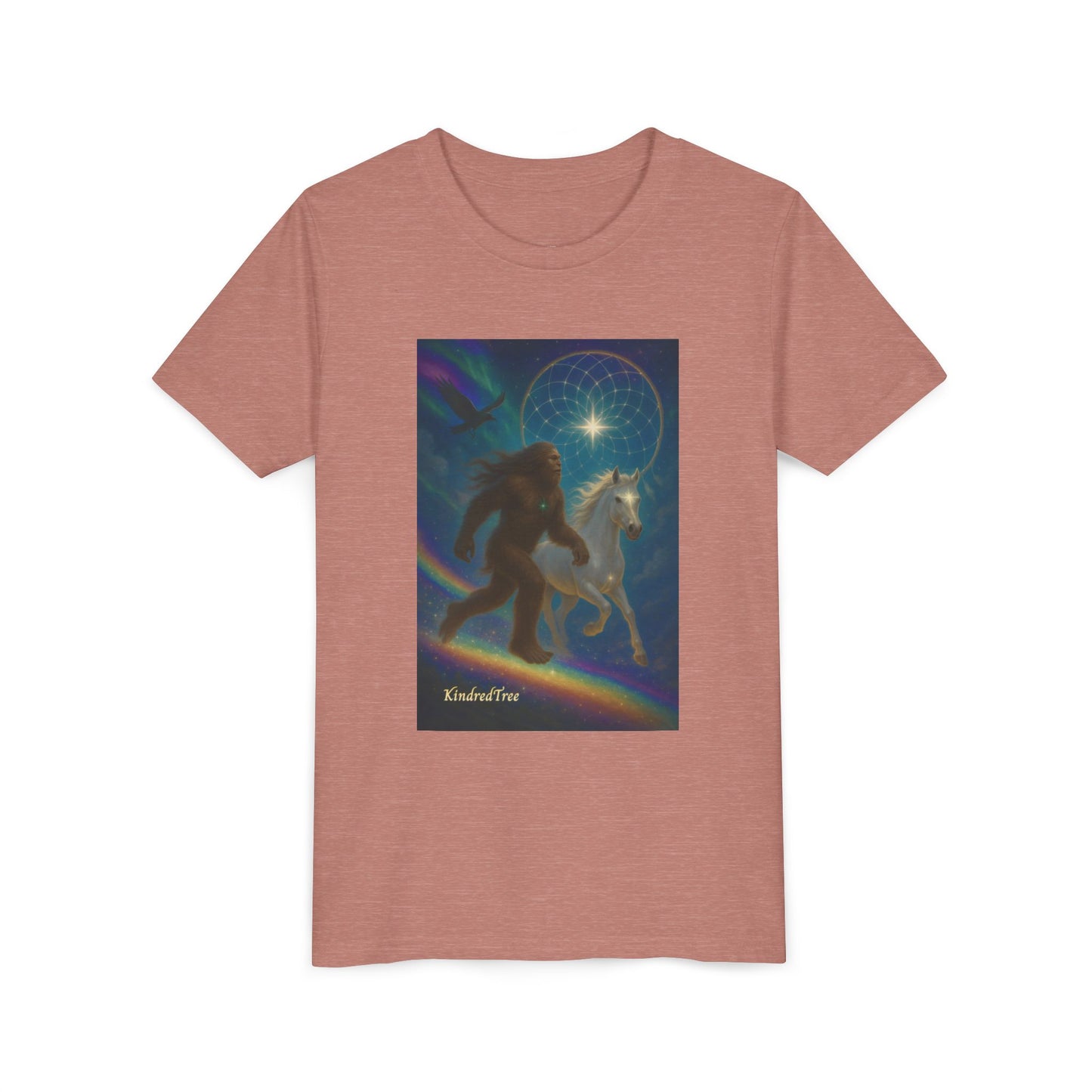 Sasquatch and White Horse  Youth Tee | Mystical Rainbow Night, Non- Mythic Guardian Shirt