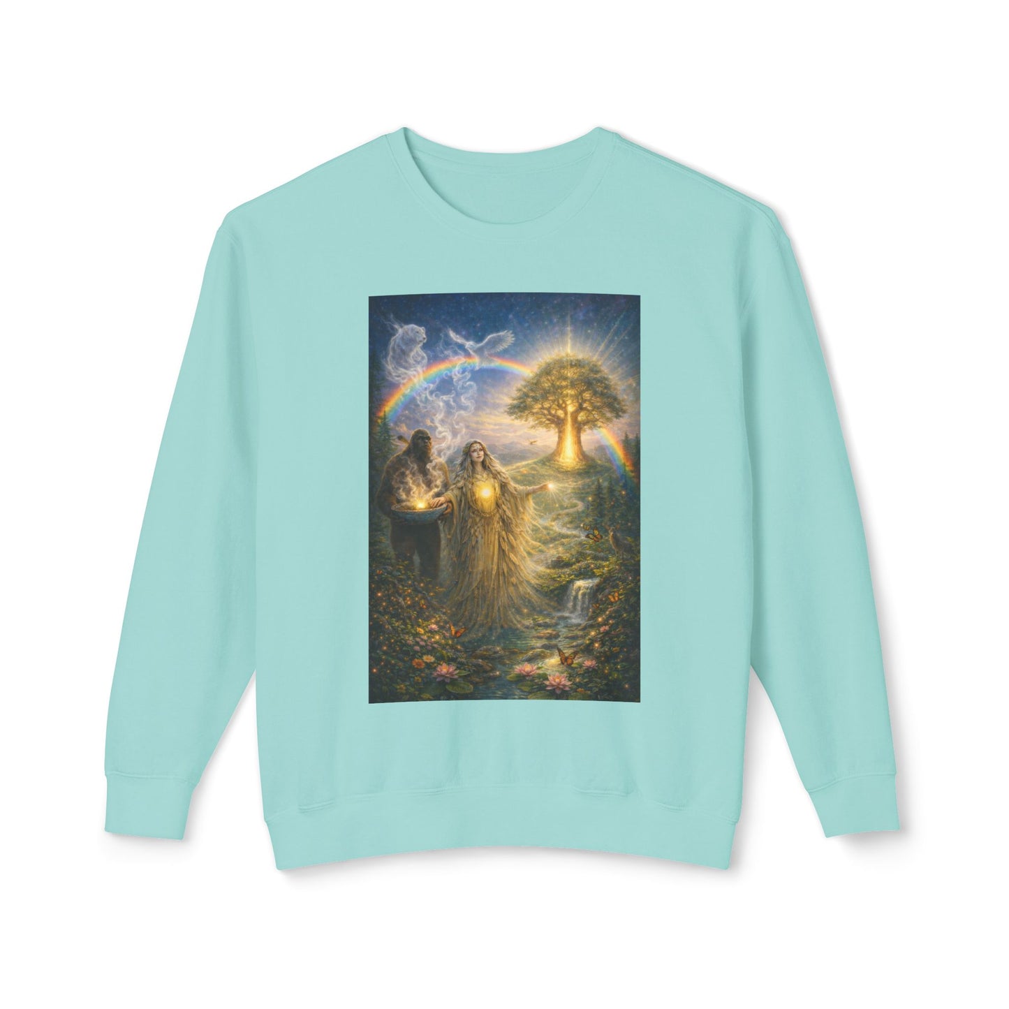 Mother Earth & Sasquatch Guardian Sweatshirt — Heart of the Earth Spiritual Harmony Crewneck